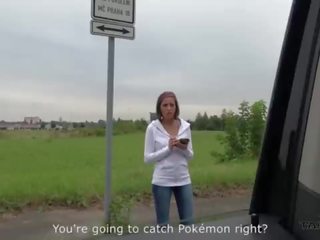 Super hot pokemon hunter busty babe convinced to fuck stranger in driving van